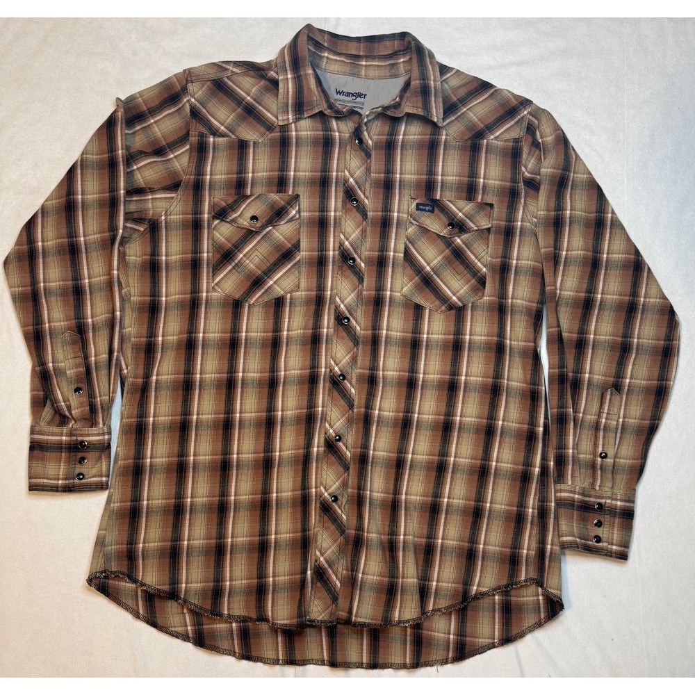 Wrangler Mens Brown Plaid Western Pearl Snap Shirt XLT Tall Advanced Comfort